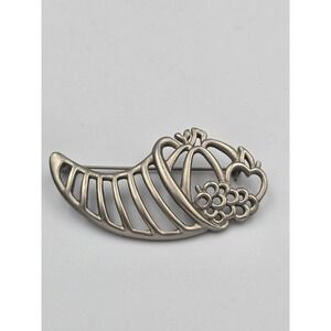 Vintage Silver Tone Cornucopia Horn of Plenty Harvest Brooch Pin Thanksgiving